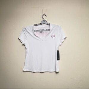 True Religion Women Tropical Denim neck tee Sz large True Logo V Tee‎ white